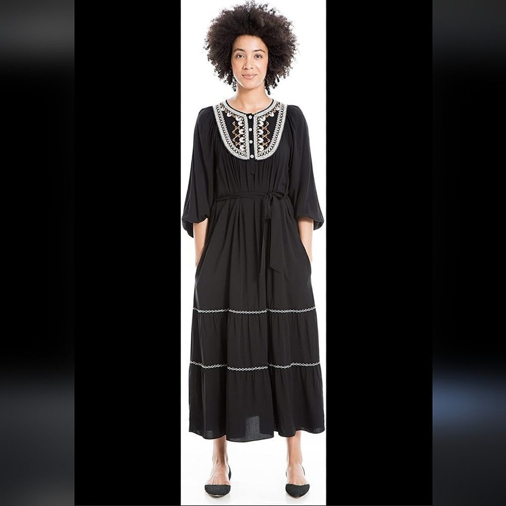 Max studio black embroidered midi belted dress sz small